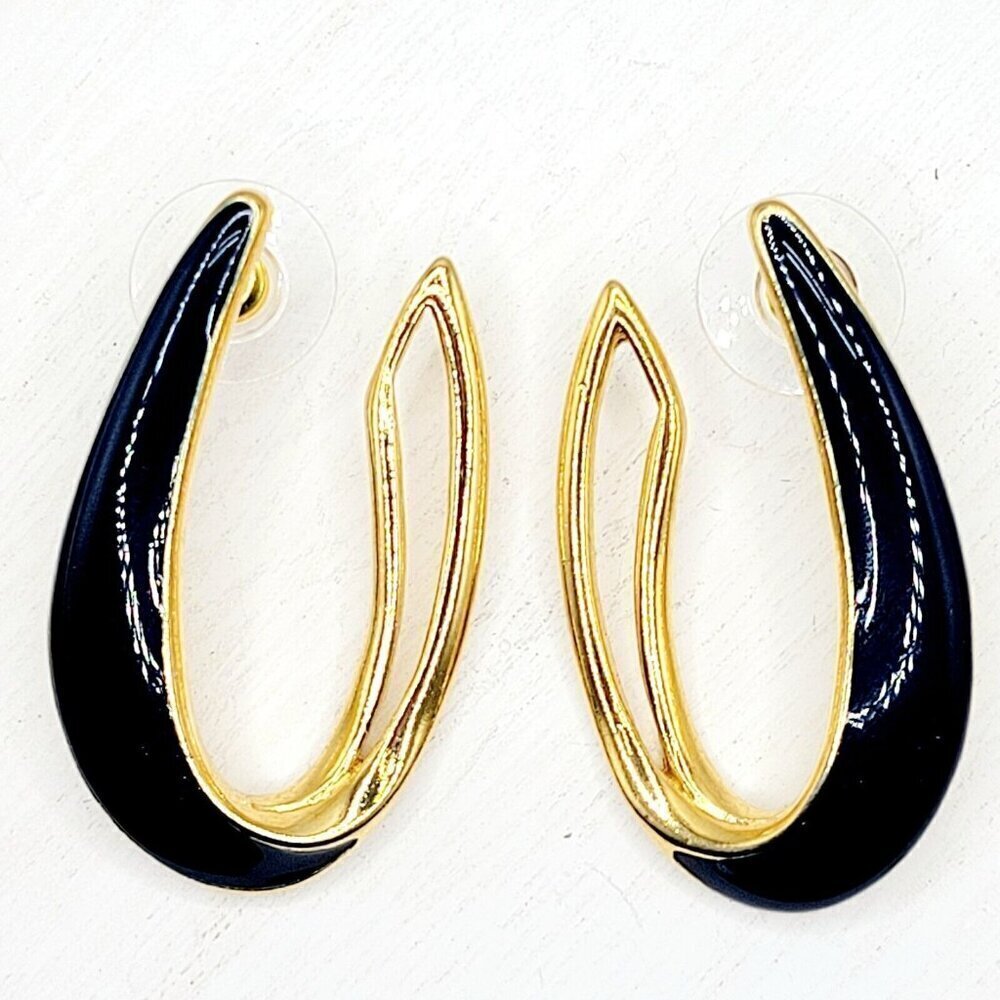 Vintage Trifari Gold Tone & Blue Enamel Horseshoe Shaped Earrings Left Right EUC